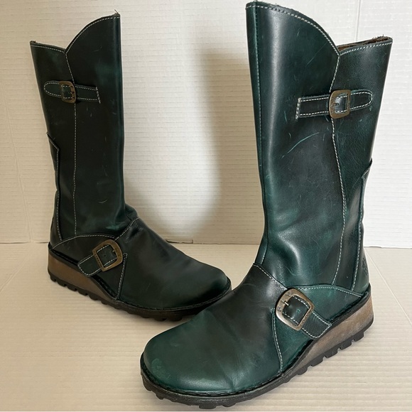 Fly london Mes 2 Petrol Leather Womens Mid Calf Boots Dark Green Buckle Zip 38 - Picture 1 of 13